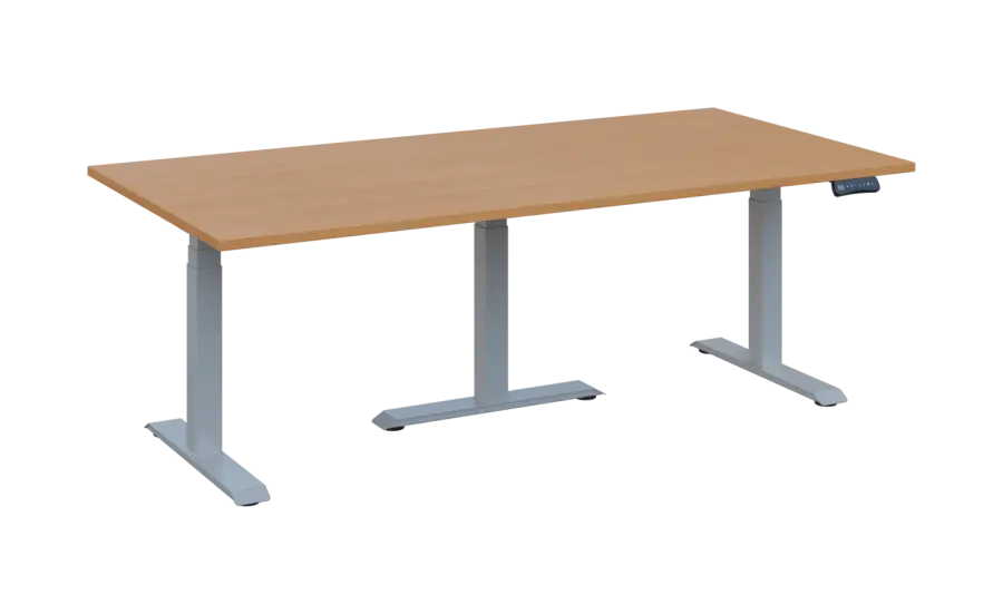 FLEXIMEET 200-100 výškově nastavitelný stůl, kovová podnož stříbrná, deska 25 mm, široký 2000 mm, buk royal